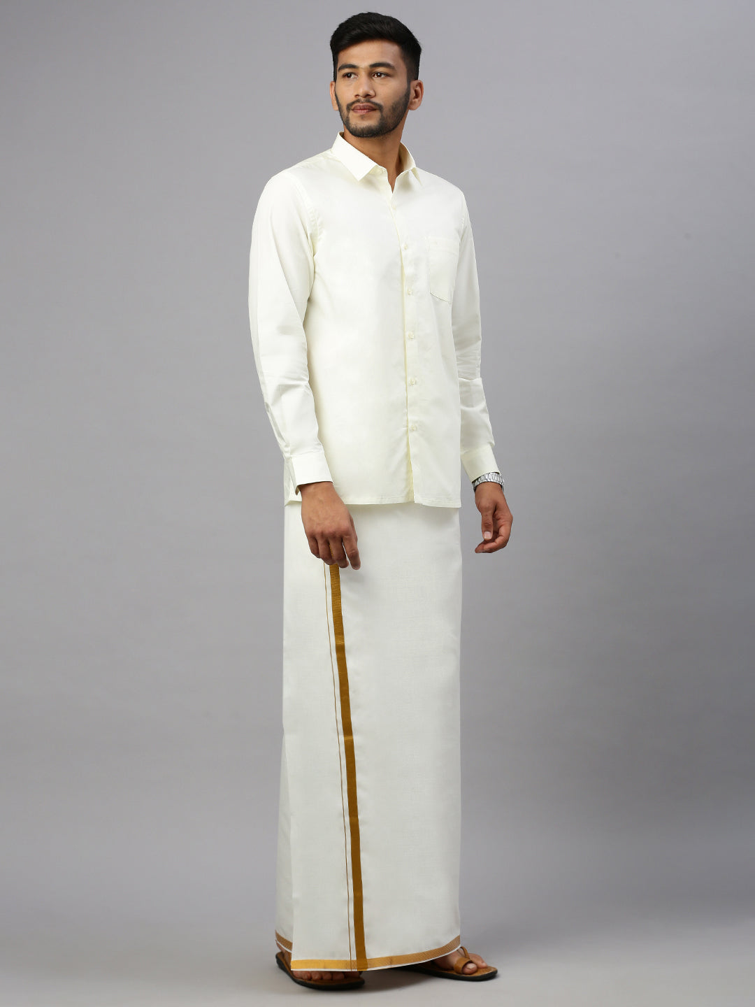 Men 100% Cotton Double Layer Cream Dhoti with  1/2"Gold Jari Border Amirta