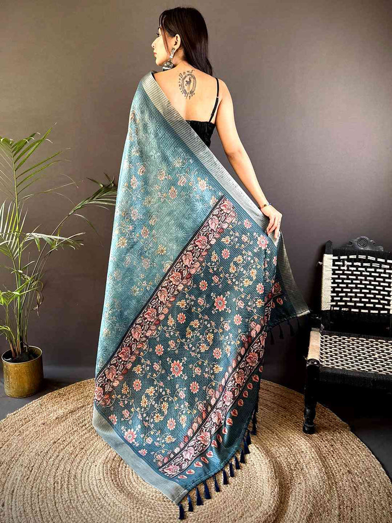 Teal Blue Gold Zari Chanderi Phulkari Floral Saree