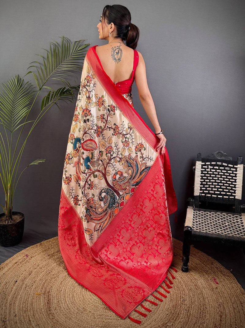 Beige Kalamkari Printed Soft Satin Saree