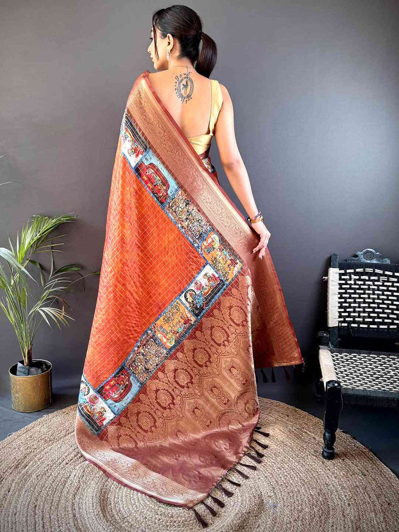 Rust Orange Tussar Silk Kalamkari Checkered Saree