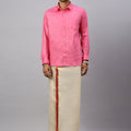 Men Cotton Rich Pink Shirt and Tissue Dhoti Set C34