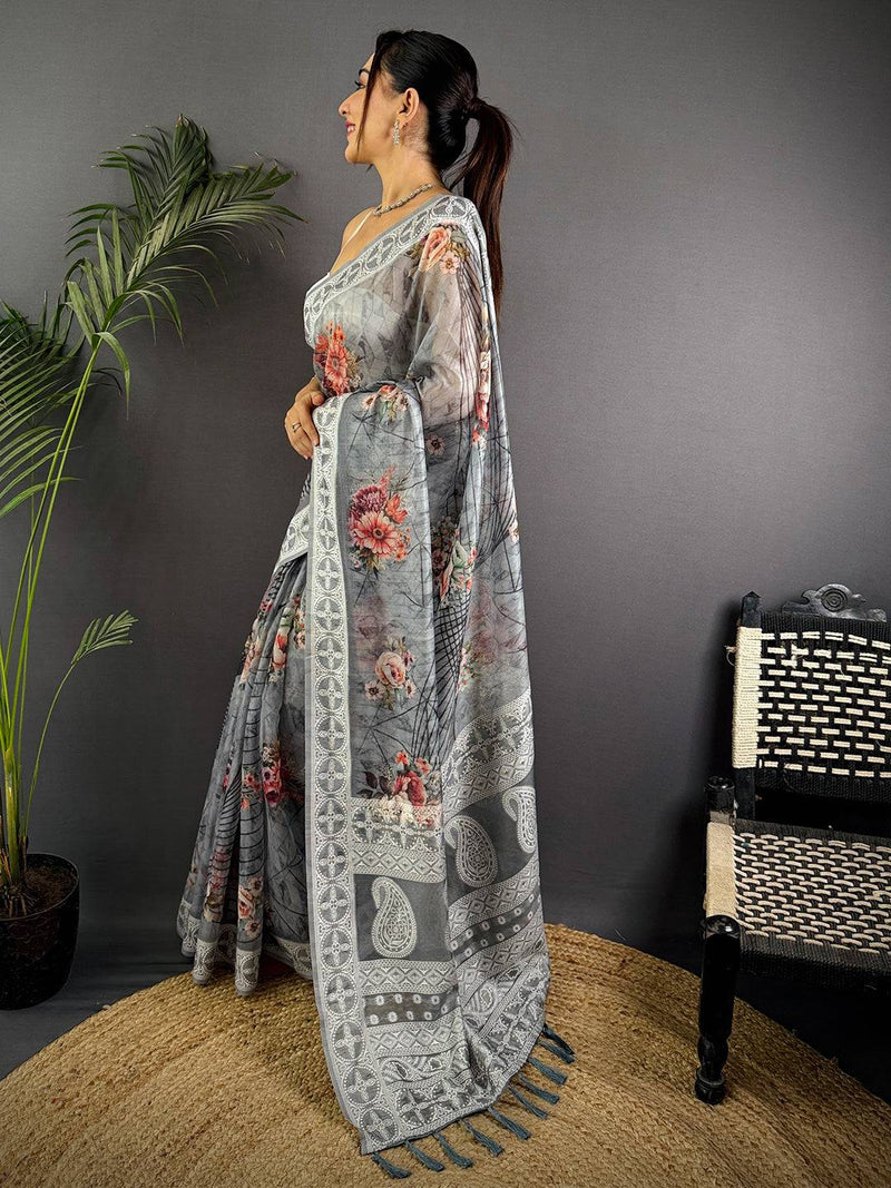 Grey Lakhnavi Linen Digital Print Saree