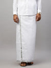 Men 100% Cotton Single Layer White Dhoti with 1" Silver Jari Border Shringar