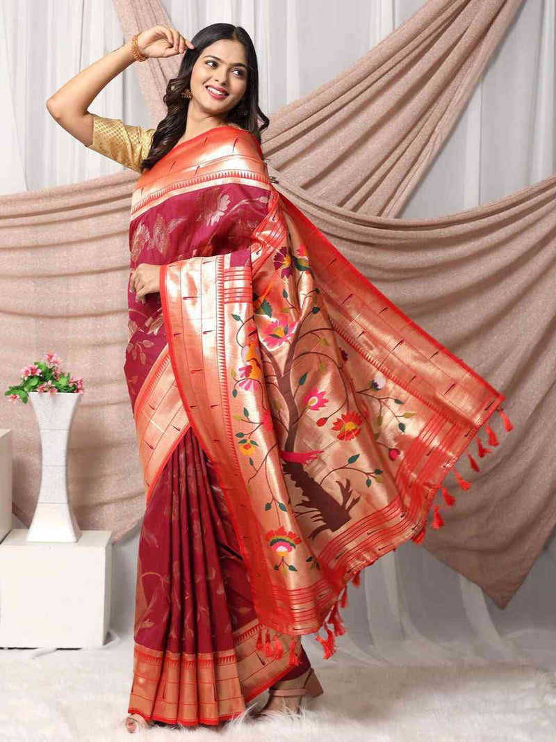 Maroon Paithani Silk Blend Saree