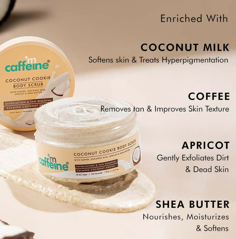 mCaffeine Coconut Cookie Body Scrub, Exfoliates & Removes Tan, Calming Coconut Aroma