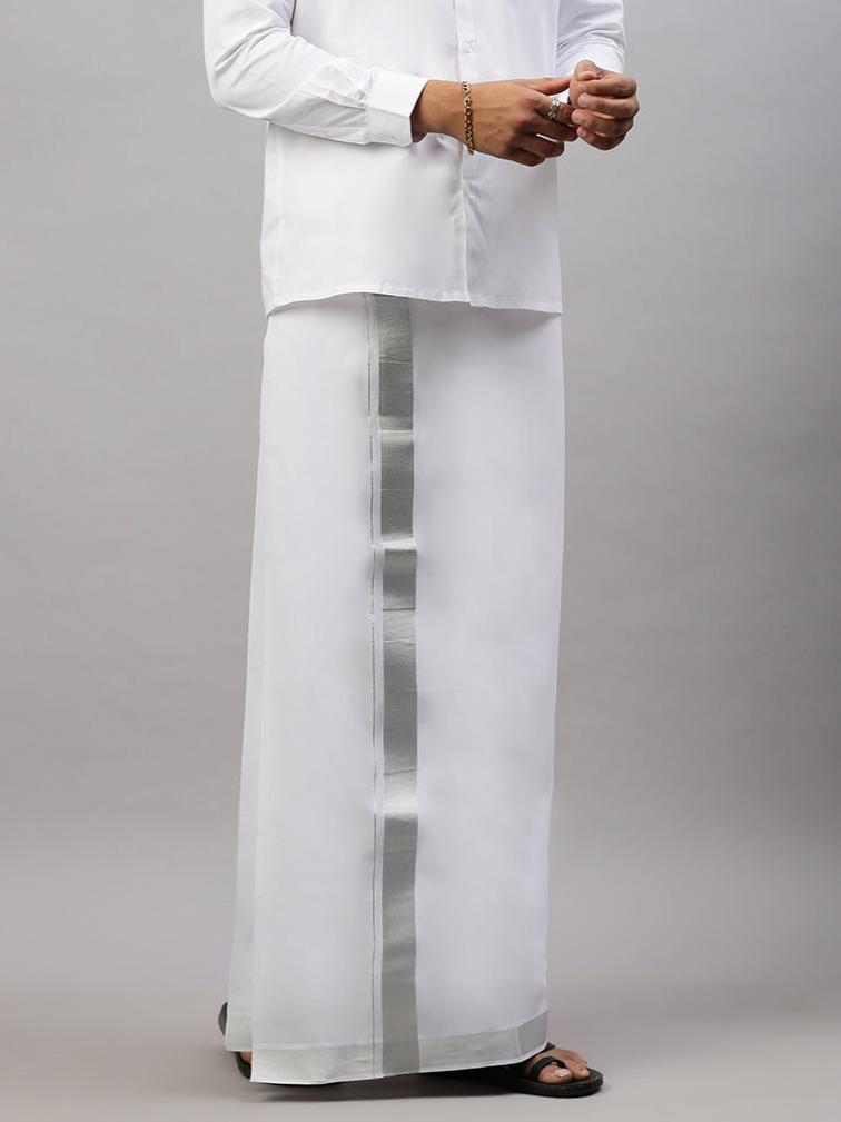 Men 100% Cotton Double Layer White Dhoti  with 1 1/2"Silver Jari Border Special Pet