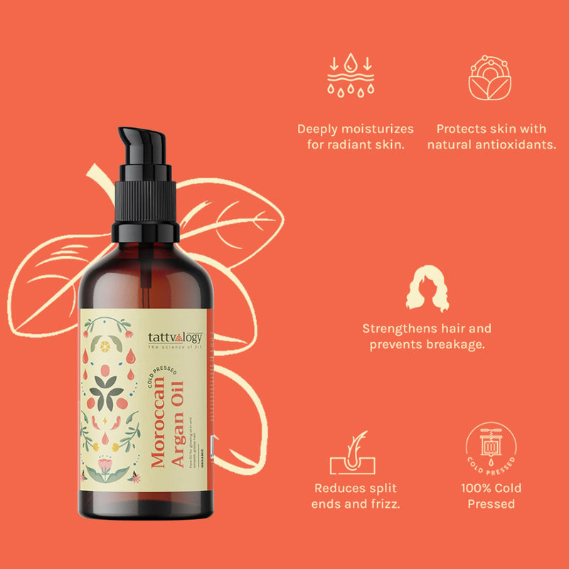 Tattvalogy Organic Moroccan Argan Oil - Vitamin-E Rich, Antioxidant, Tames Frizz for Smooth Hair