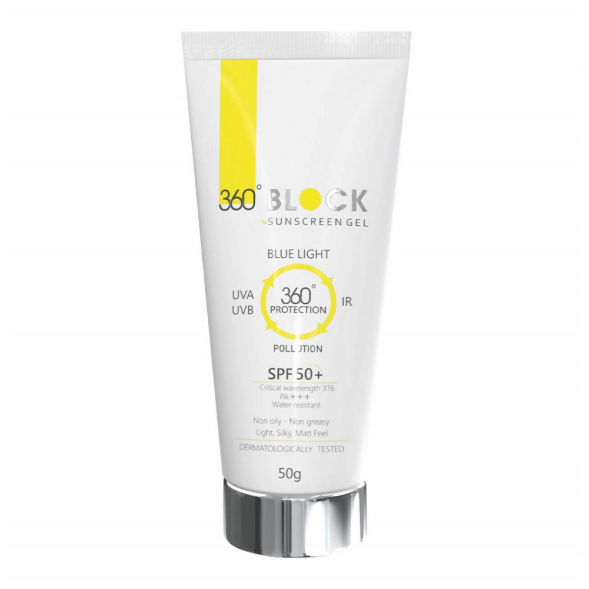 Tube of 360 Block sunscreen gel on a white background