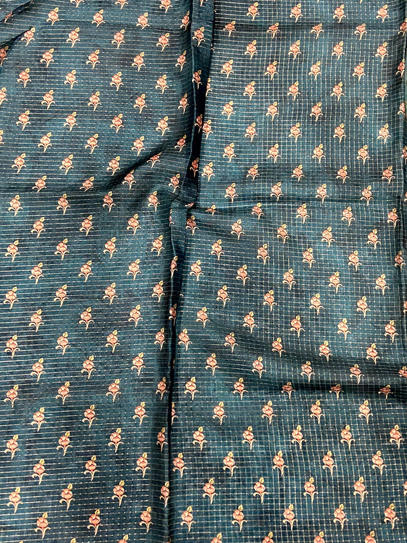 Teal Blue Gold Zari Chanderi Phulkari Floral Saree