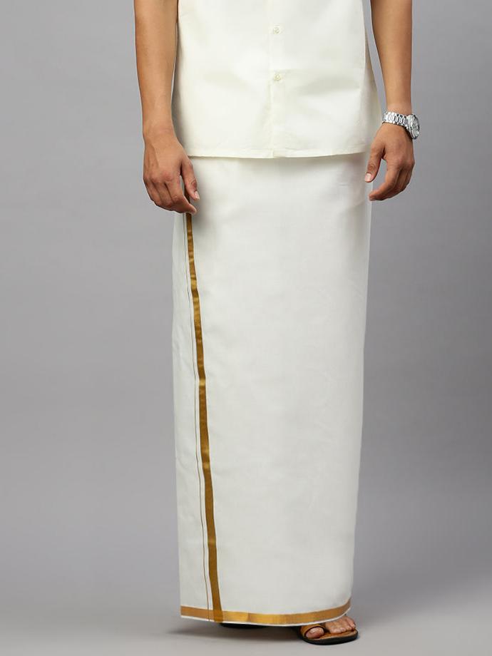Men 100% Cotton Double Layer Cream Dhoti with 1"Gold Jari Border Arputha