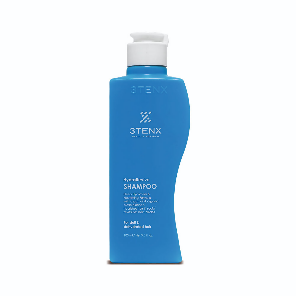 Blue shampoo bottle with white cap on a white background