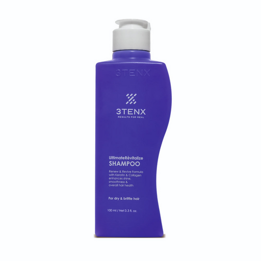 Purple shampoo bottle with white pump labeled '3TENX' on a white background
