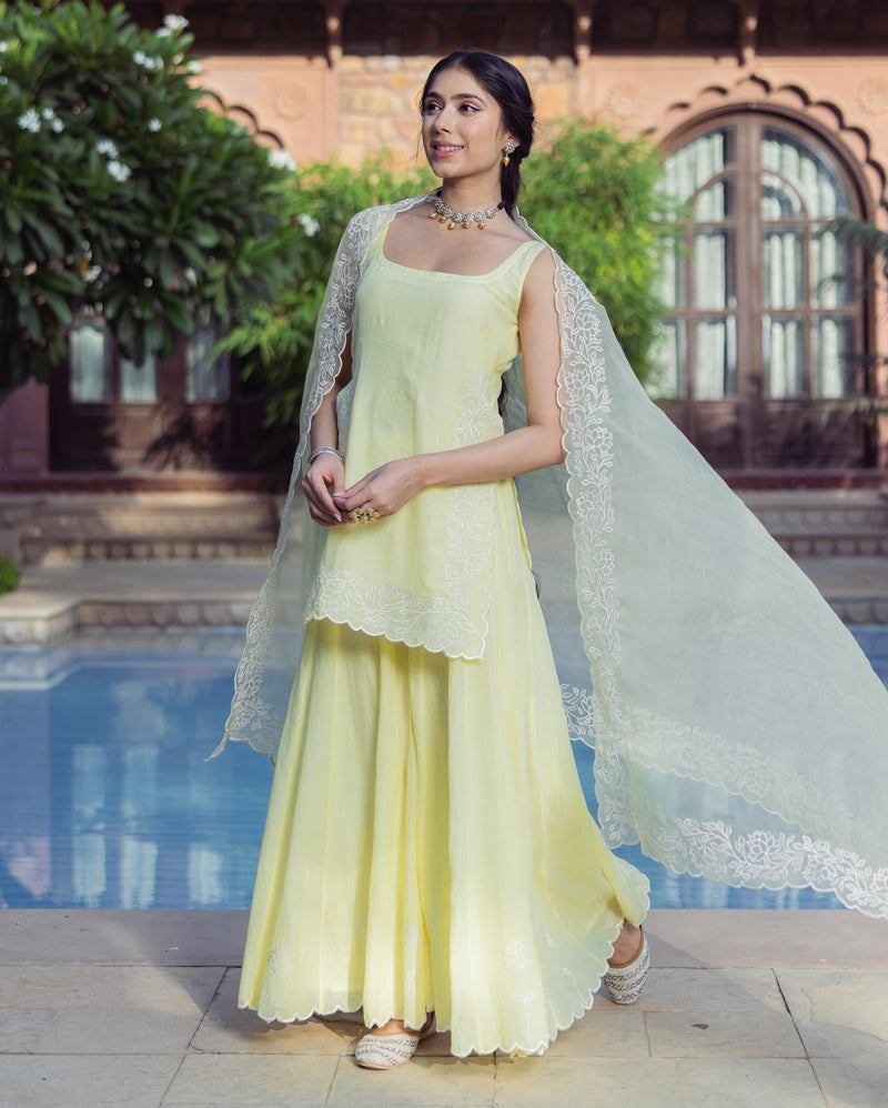 Nazakat Yellow Embroidered Cotton Sharara Set