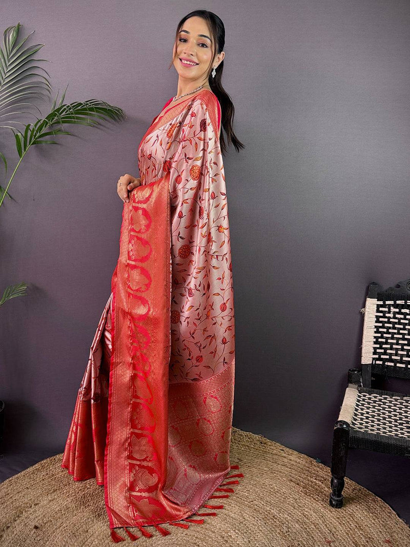 Elegant Soft Cherry Satin Kalamkari Print Saree