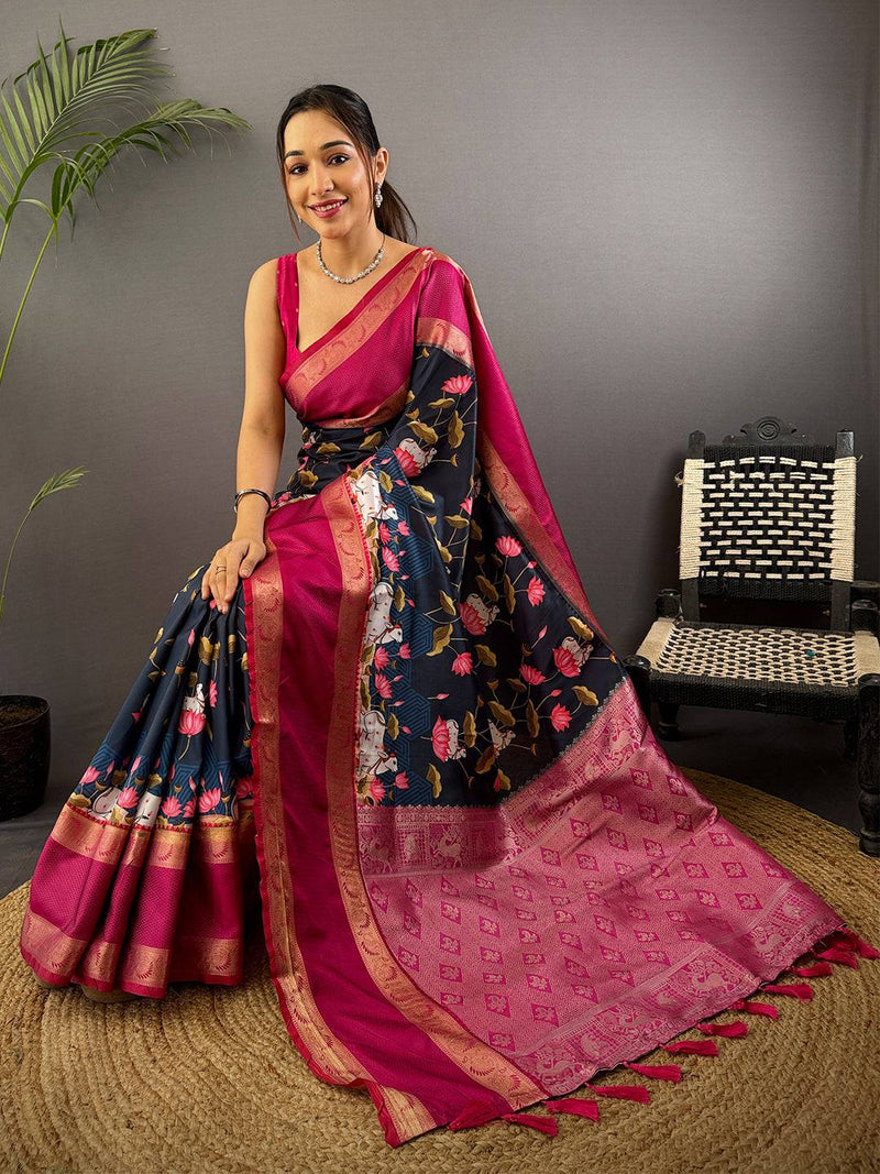 Navy Pichwai Print Banarasi Silk Saree