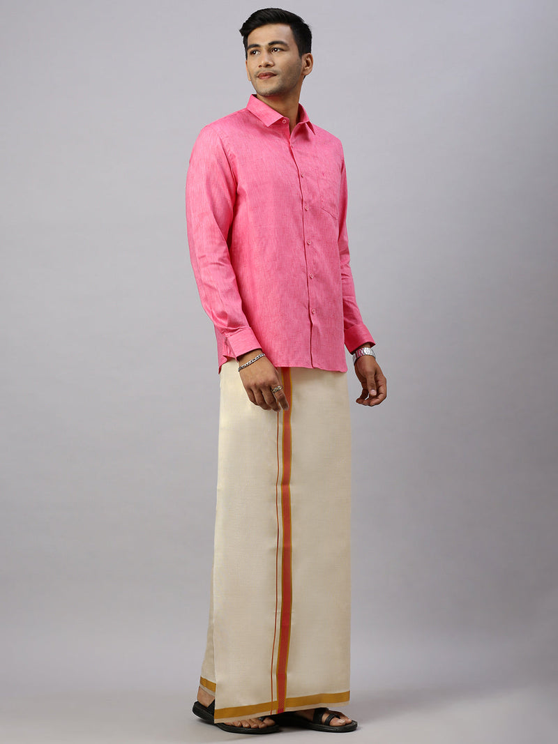 Men Cotton Rich Pink Shirt and Tissue Dhoti Set C34