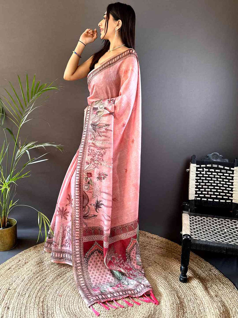 Blush Pink Tissue Floral Leaf Print Saree