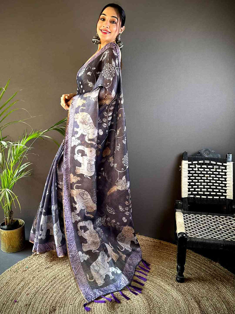 Purple Kalamkari Block Print Chanderi Saree