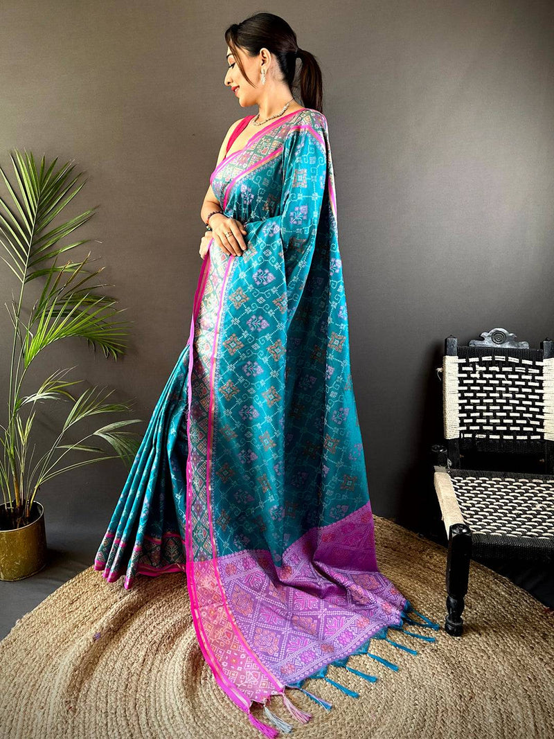 Sky Blue Pochampally Patola Soft Silk Saree