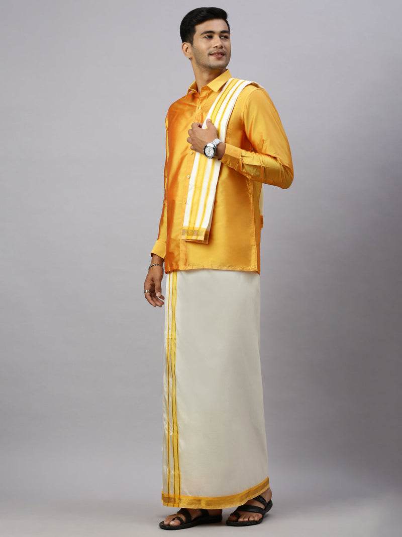 Men Full Sleeves Golden Yellow Shirt with Matching Border Cream Dhoti & Towel Set K6