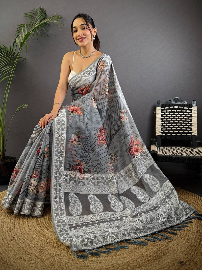 Grey Lakhnavi Linen Digital Print Saree