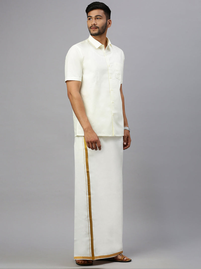 Men 100% Cotton Double Layer Cream Dhoti with 1"Gold Jari Border Arputha
