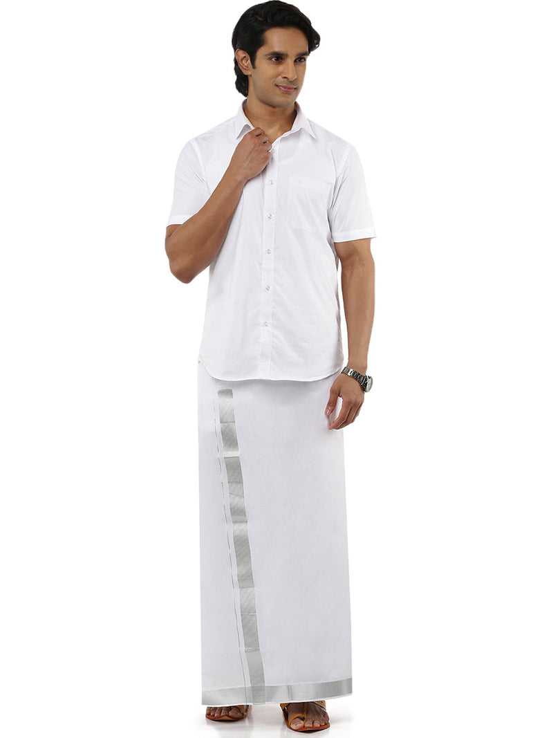 Men Cotton Blend Double Layer White Dhoti with 1 1/2" Jari Border Silver Bright