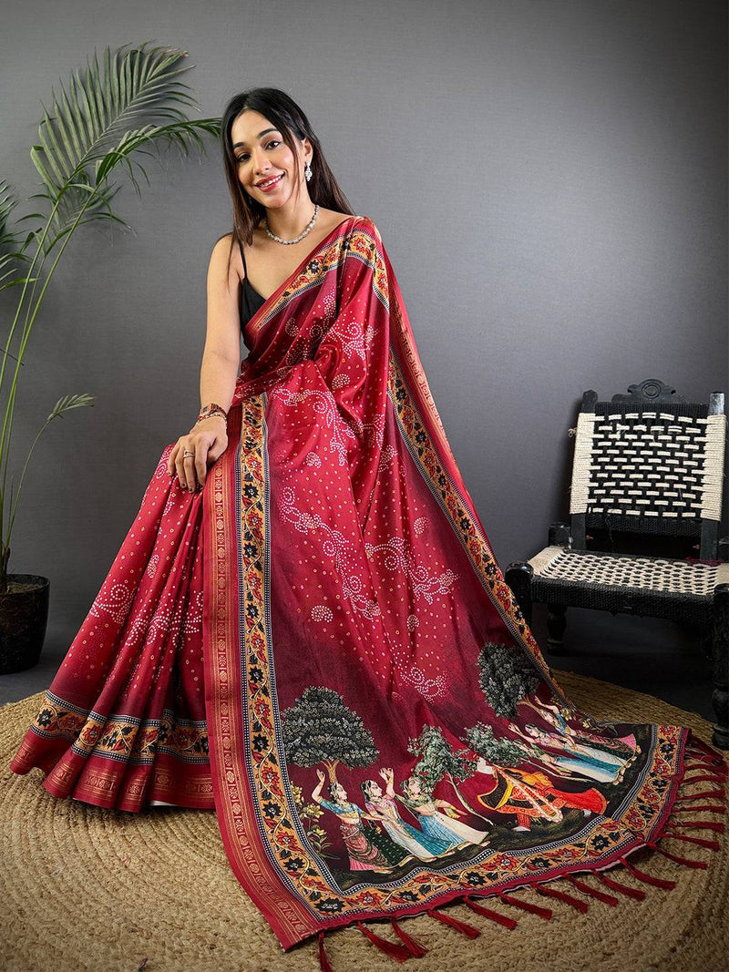 Red Bandhej Kalamkari Soft Silk Saree