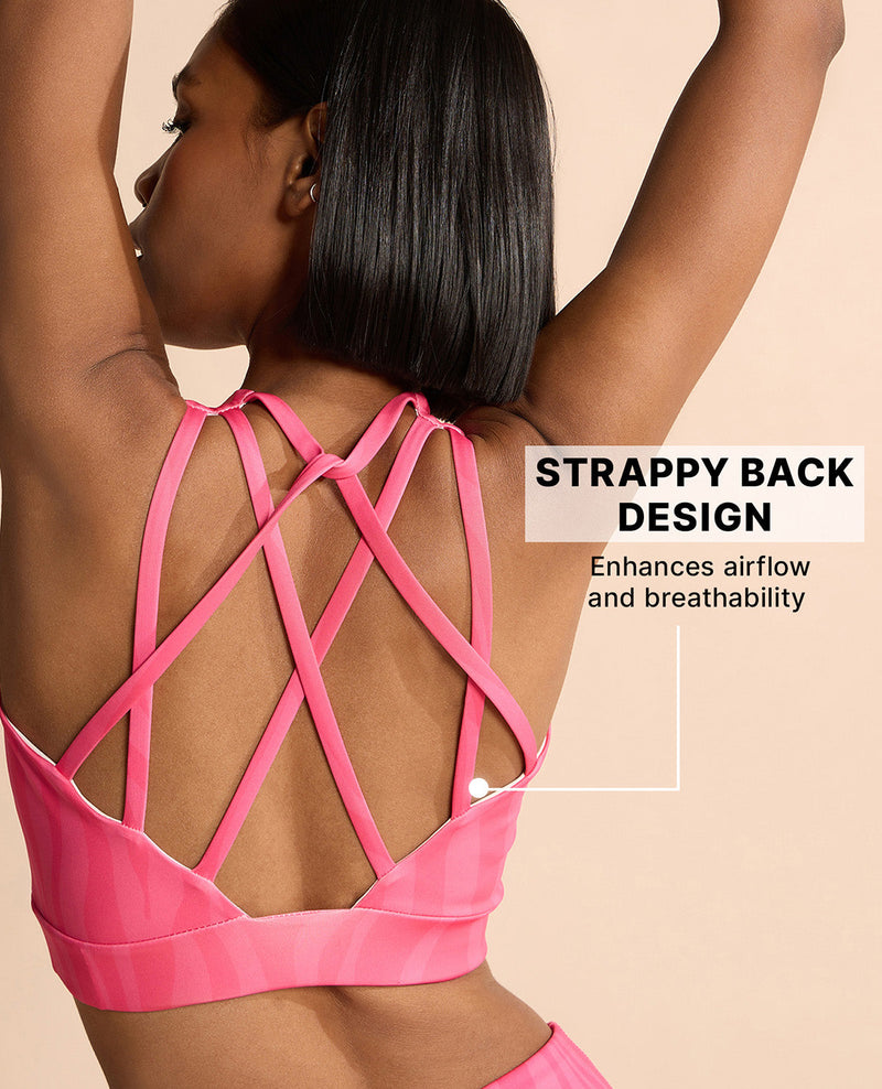 Fashionable Strappy Sports Bra with Removable Pads Animal Print Pink