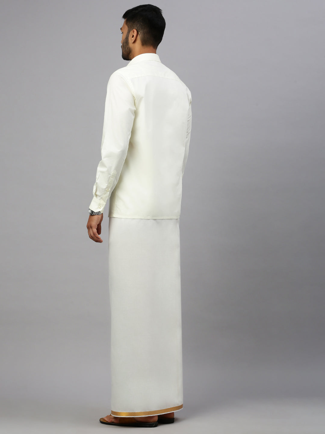 Men 100% Cotton Double Layer Cream Dhoti with  1/2"Gold Jari Border Amirta