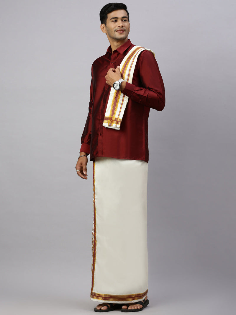 Men Full Sleeves Maroon Shirt with Matching Border Cream Dhoti & Towel Set K7