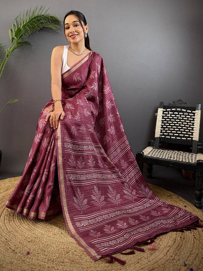 Dark Mauve Leaf Print Ghicha Handloom Saree