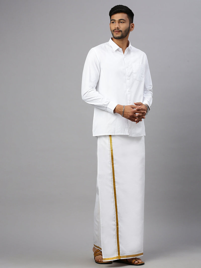 Men Cotton Blend Readymade Single Layer White Dhoti with 3/4" Gold Jari Border M146