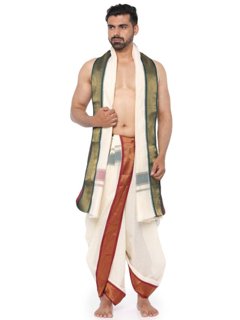 Mens Panchakacham Dhoti with Angavasthram 16 khan Jaripet Kora