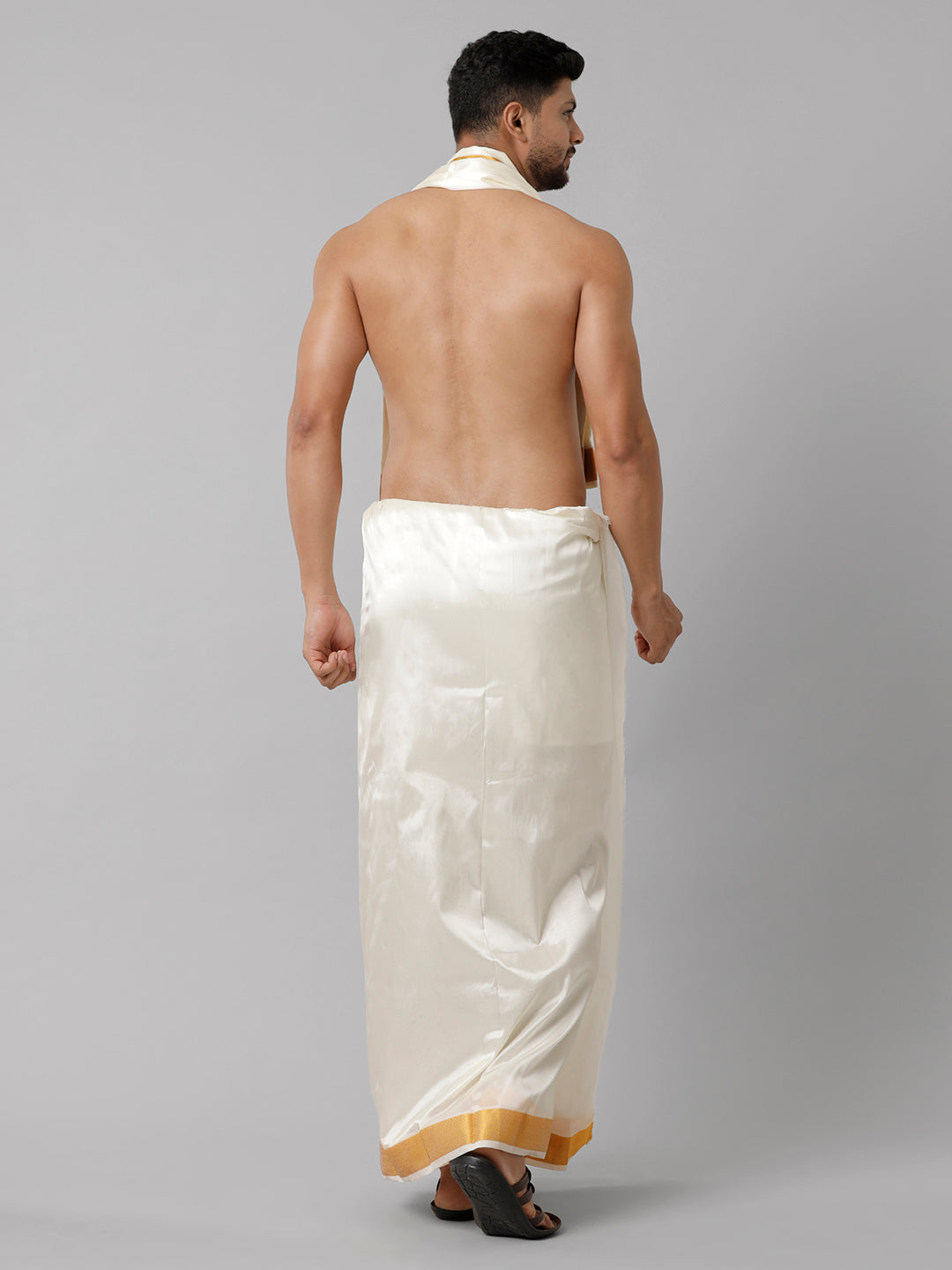 Men Art Silk Double Layer Cream Dhoti with 3/4 Gold Jari Border Yoga