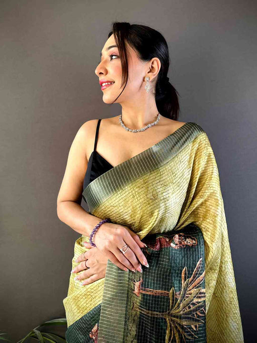 Olive Kalamkari Pichwai Black Check Saree