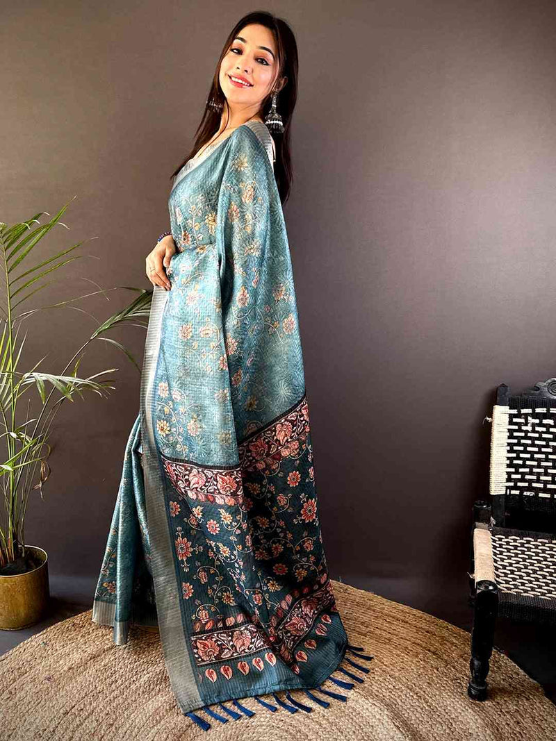 Teal Blue Gold Zari Chanderi Phulkari Floral Saree