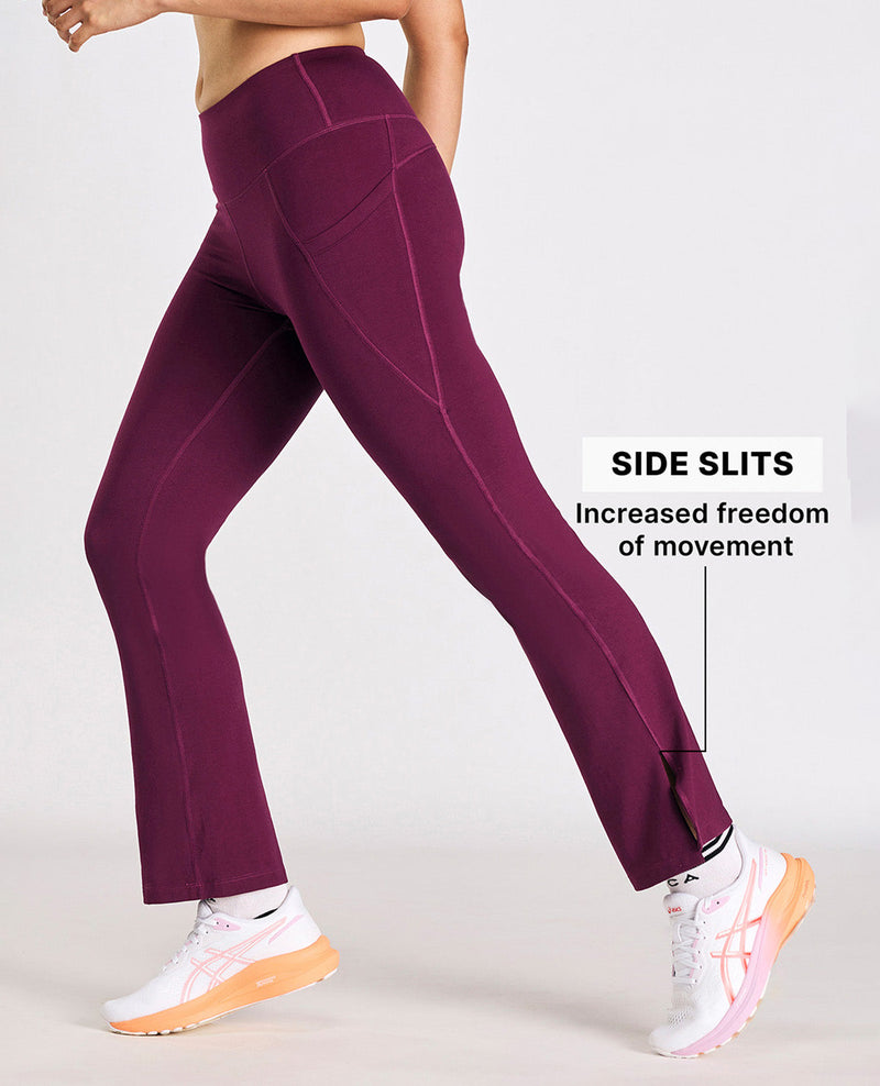 Women High Waist Cotton Side Slit Flared Pants Burgundy