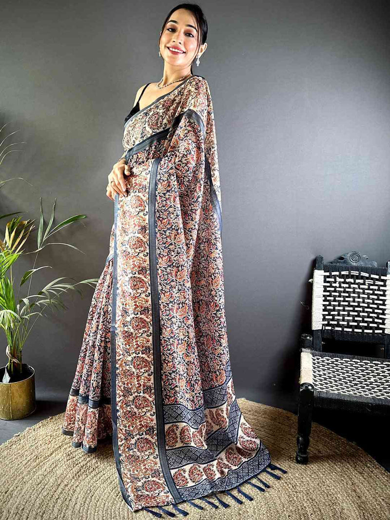 Navy Chanderi Phulkari Floral Digital Print Saree