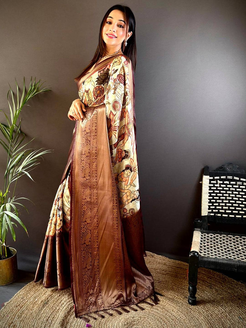 Regal Brown Soft Silk Saree With Pattu Zari Border