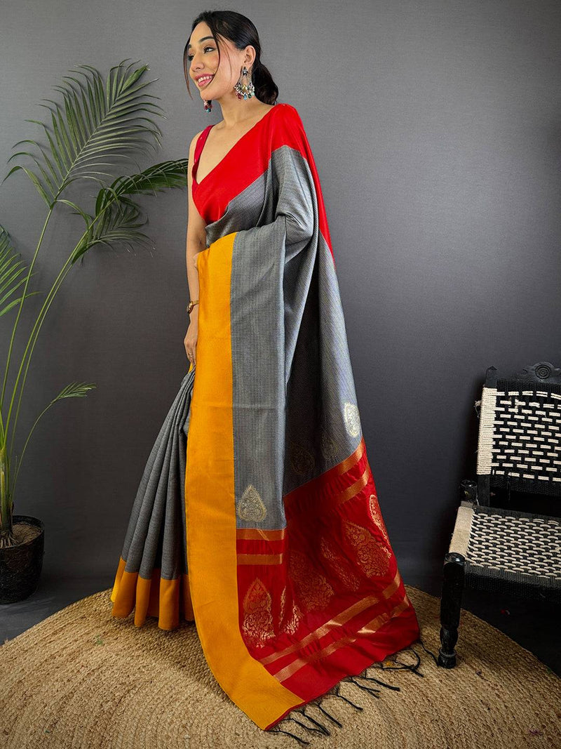 Grey Soft Katan Silk Banarasi Saree