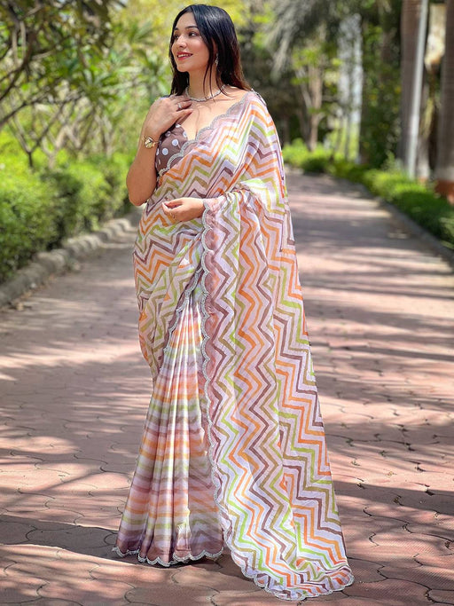Traditional Leheriya And Striped Print Saree