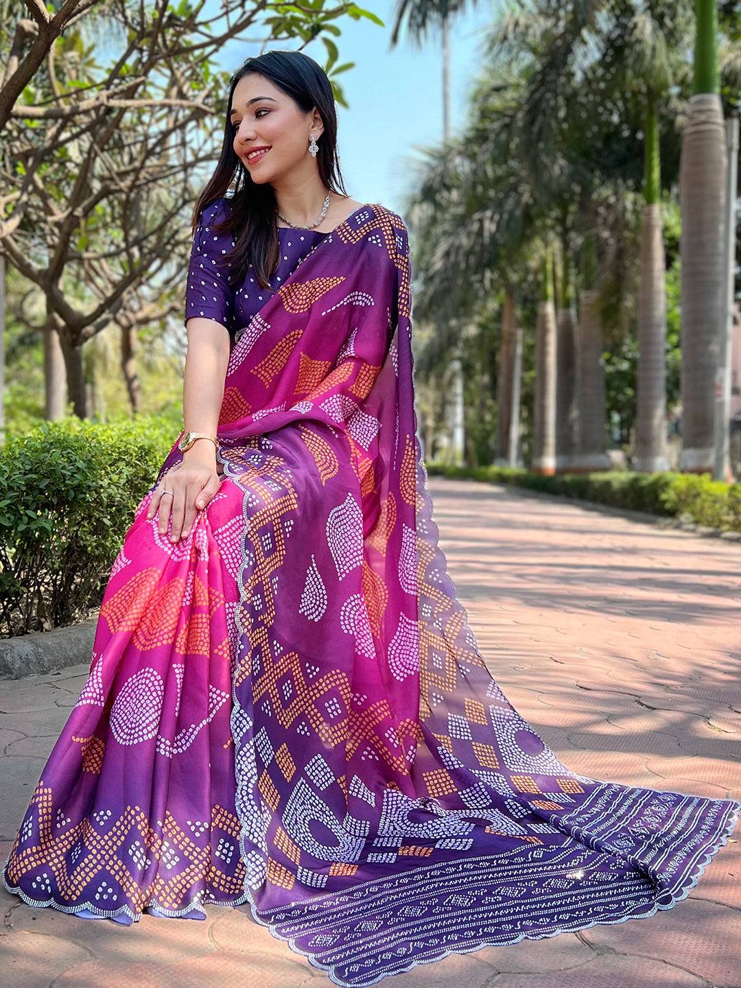 Magenta Georgette Silk Saree with Ombre Bandhej Print & Swaroski Stone Work