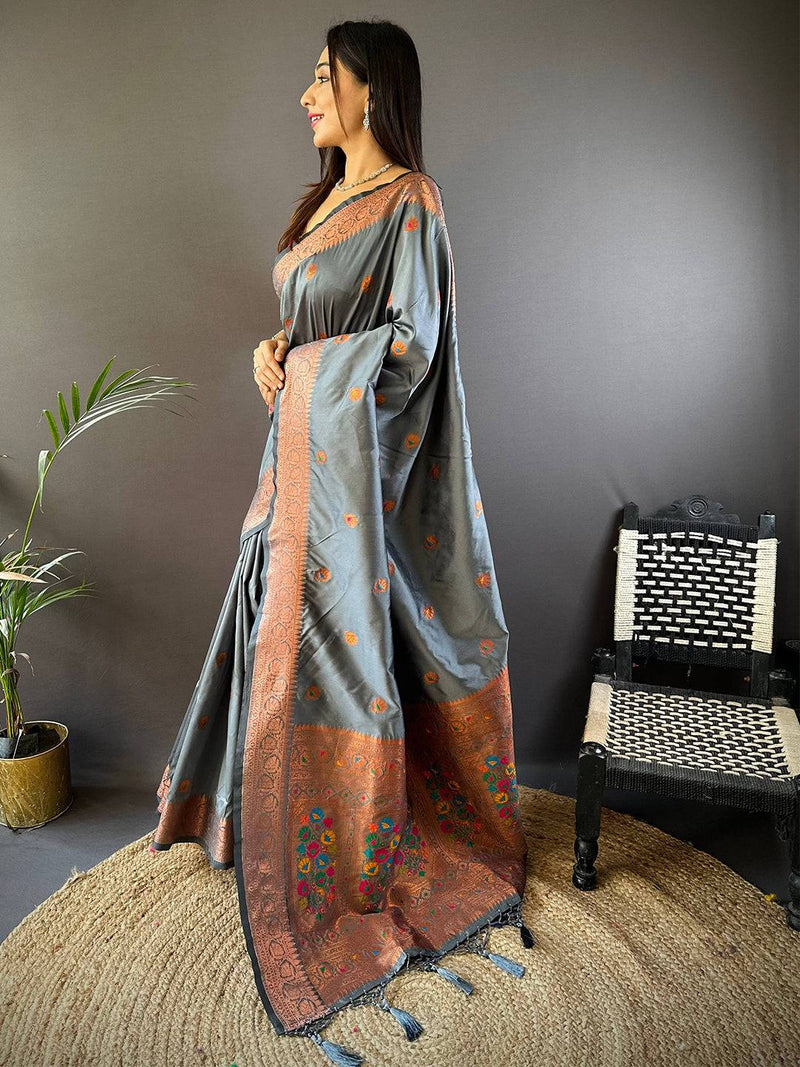 Grey Soft Silk Coppar Zari Weaving Saree