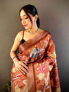 Brown Chex Kalamkari Floral Print Saree