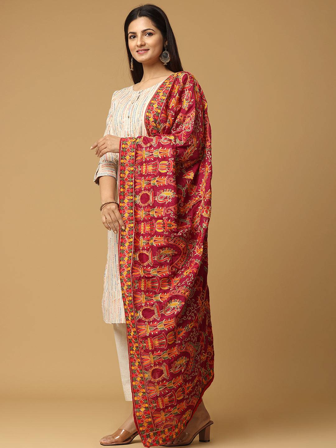 Wine Colour Poly Chiffon Pashmina Threadwork Dupatta