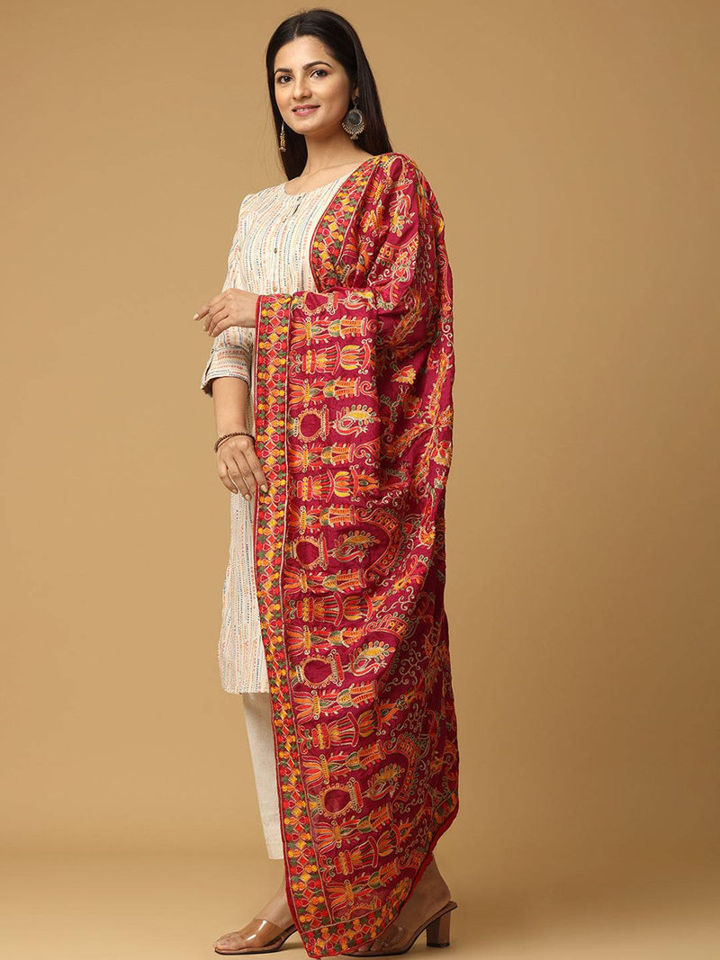 Wine Colour Poly Chiffon Pashmina Threadwork Dupatta
