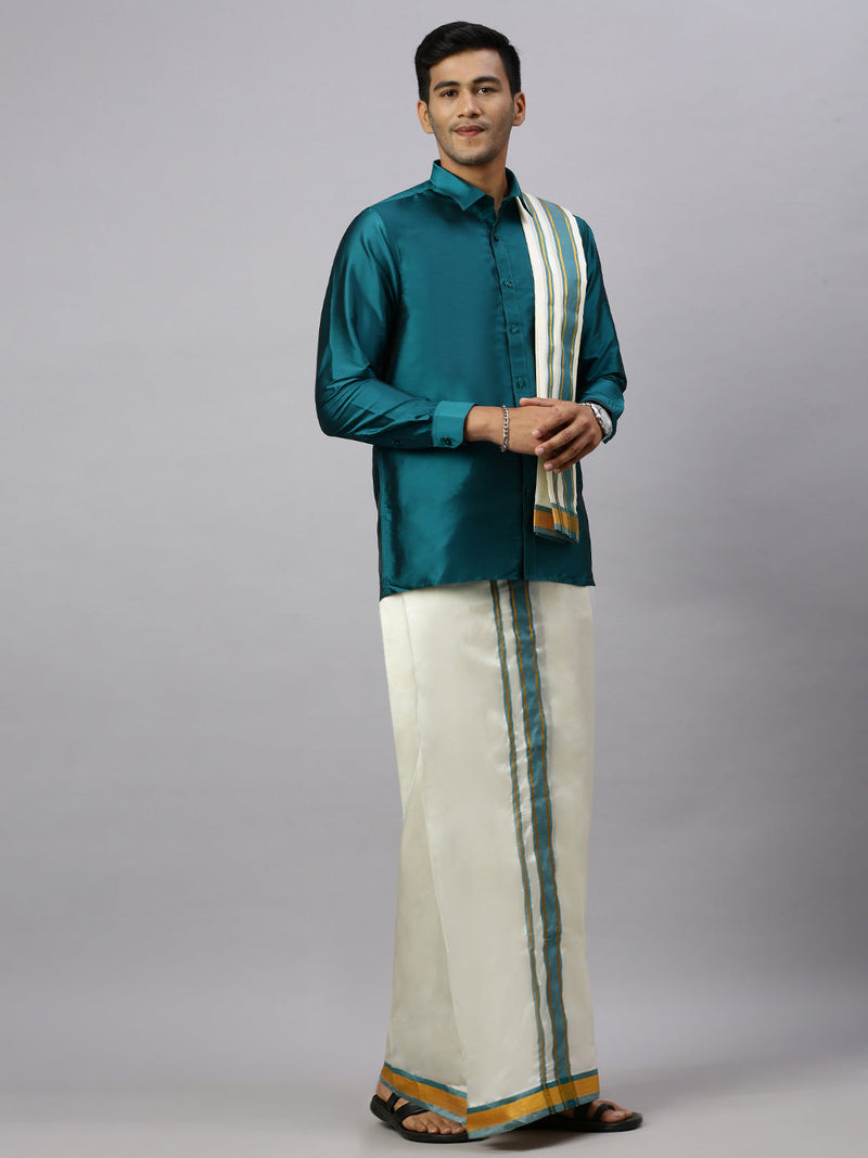 Men Full Sleeves Ramar Green Shirt with Matching Border Cream Dhoti & Towel Set K3