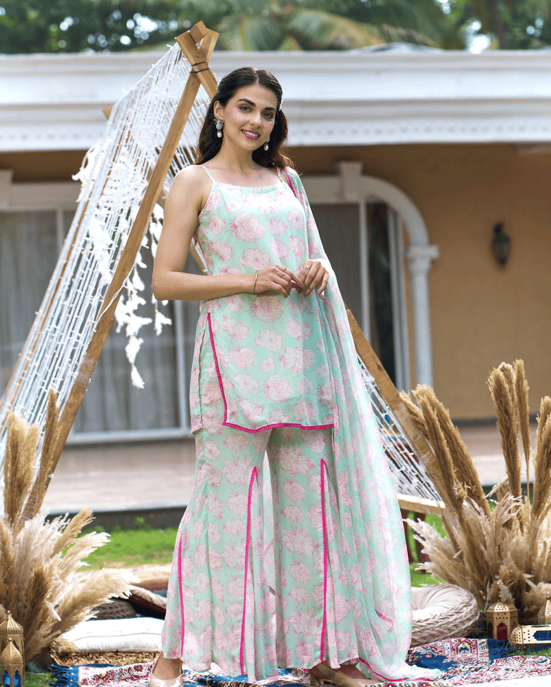 Kinaaz Sea Green Printed Georgette Sharara Set