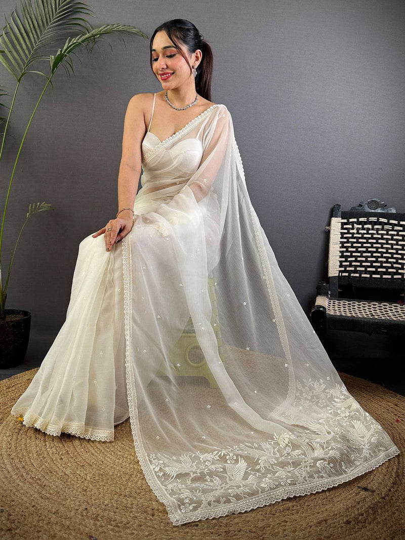 White Soft Chiffon Chikankari Work Saree